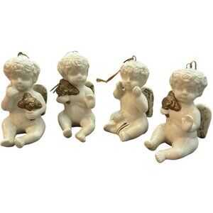 Vintage Lot of 4 Ceramic Angel Cherub White and Gold Christmas Tree Ornaments